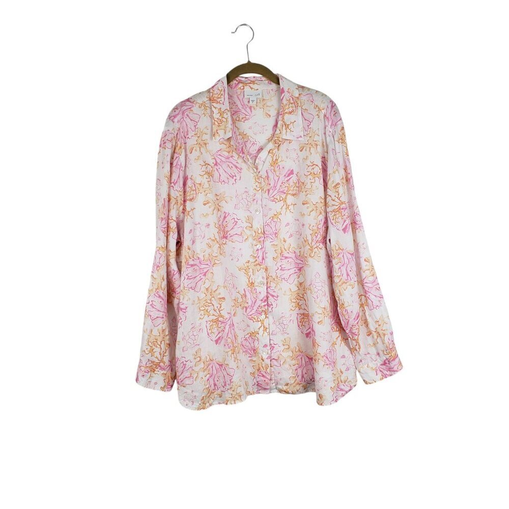 J Jill Love Linen Button Up Shirt Pink Orange Coral Turtle Long Sleeve Size XL - Picture 1 of 8